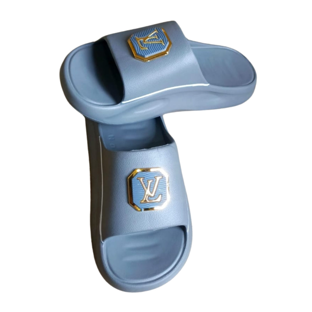 Luxury Grey Slides with Embossed "LV" Logo – Comfortable & Stylish Men’s Slippers