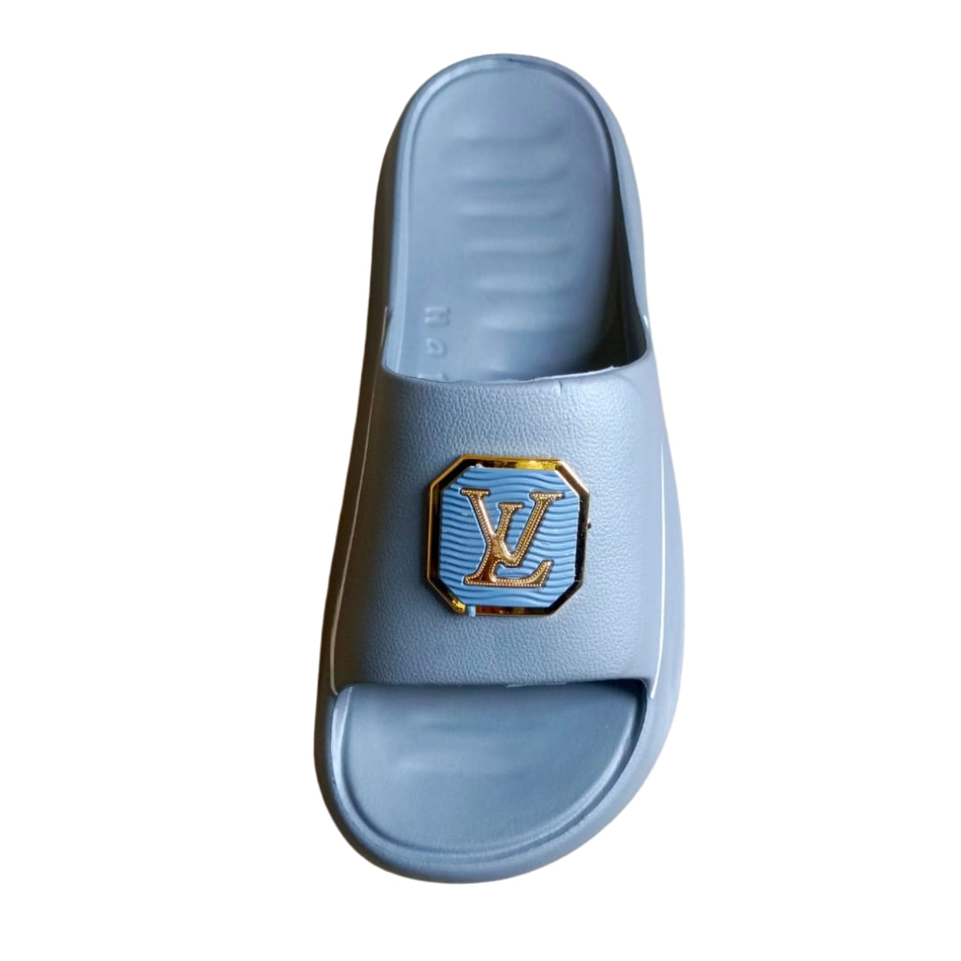 Luxury Grey Slides with Embossed "LV" Logo – Comfortable & Stylish Men’s Slippers
