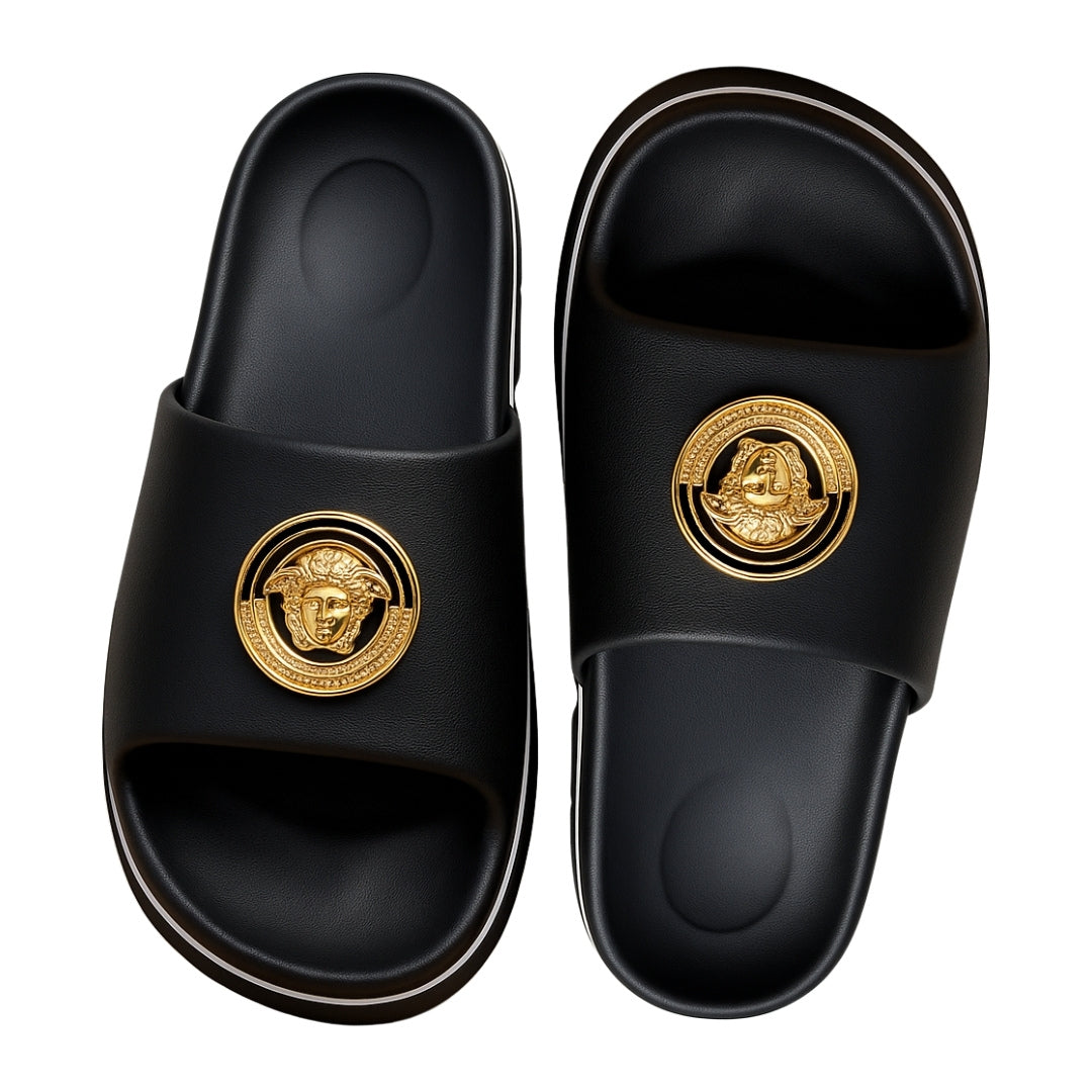 Luxury Black Slide Slippers with "Gold Lion Emblem" – Bold, Comfortable & Stylish Footwear for Men