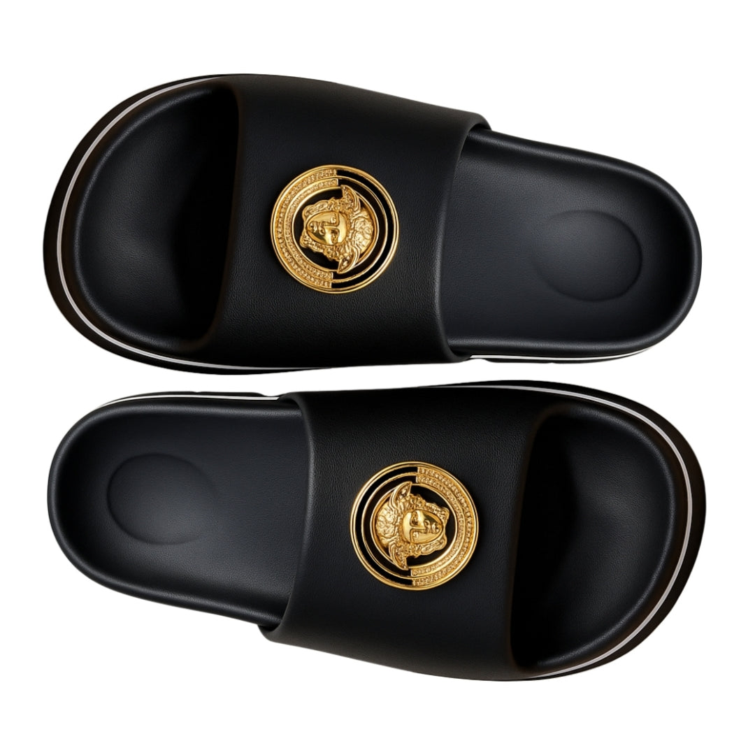 Luxury Black Slide Slippers with "Gold Lion Emblem" – Bold, Comfortable & Stylish Footwear for Men