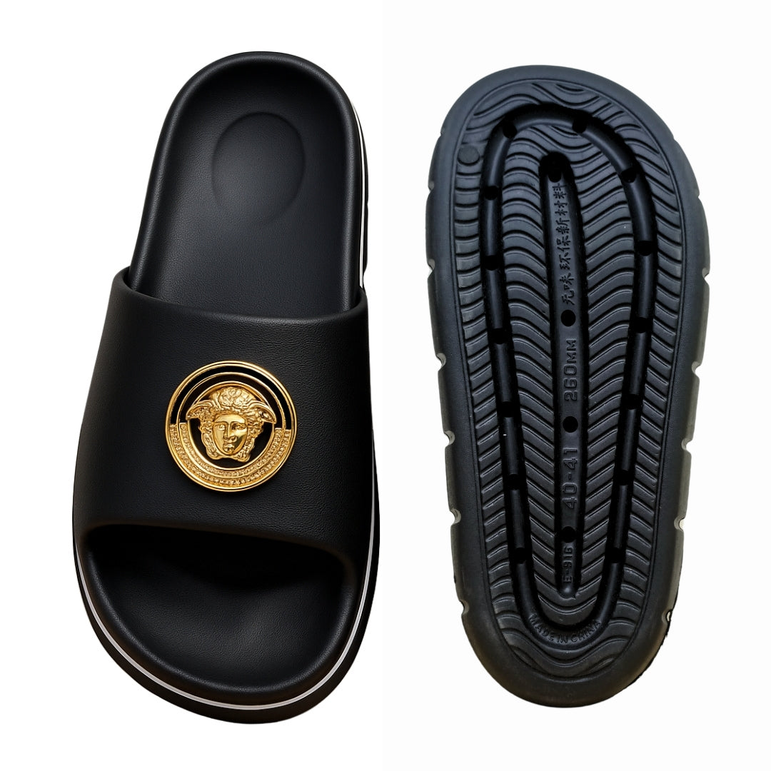 Luxury Black Slide Slippers with "Gold Lion Emblem" – Bold, Comfortable & Stylish Footwear for Men