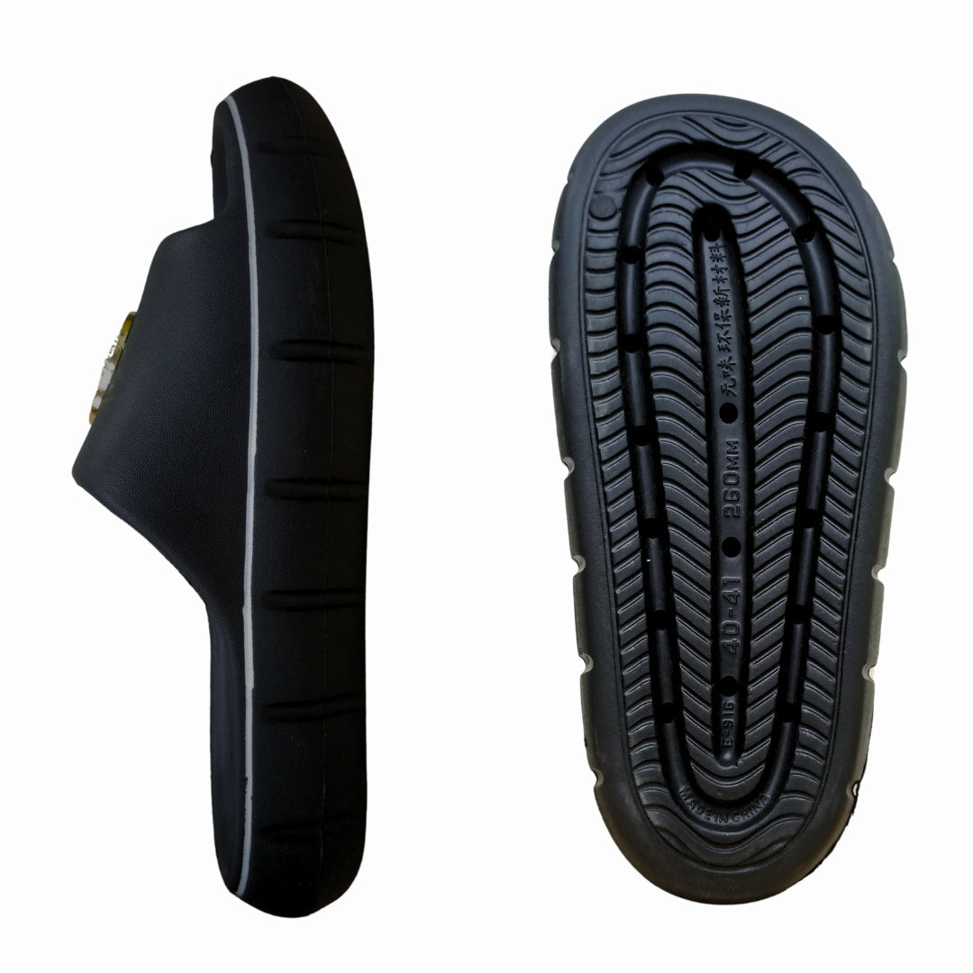 Luxury Black Slide Slippers with "Gold Lion Emblem" – Bold, Comfortable & Stylish Footwear for Men