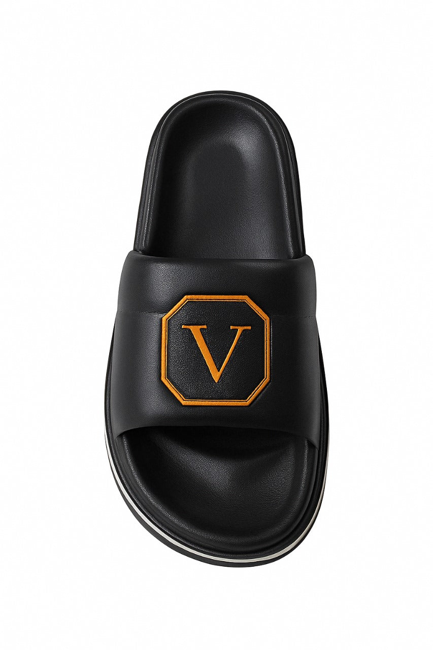Luxury Black Slides with Embossed "V" Logo – Comfortable & Stylish Men’s Slippers