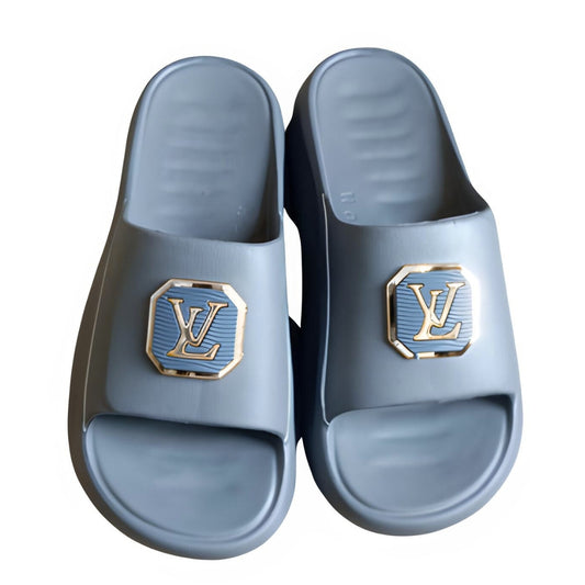 Luxury Grey Slides with Embossed "LV" Logo – Comfortable & Stylish Men’s Slippers