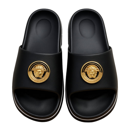 Luxury Black Slide Slippers with "Gold Lion Emblem" – Bold, Comfortable & Stylish Footwear for Men