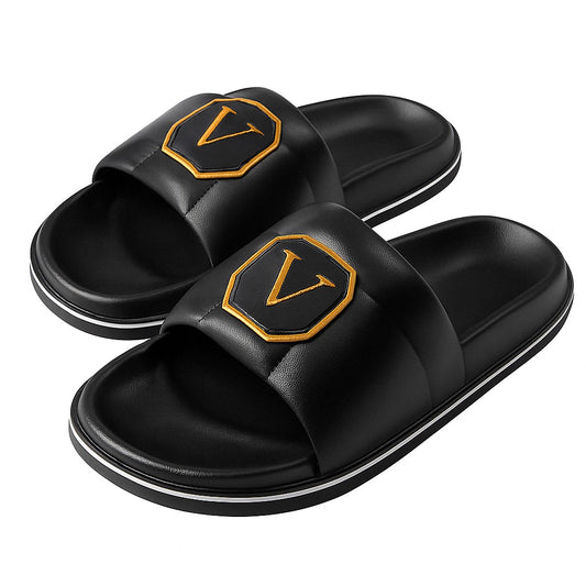 Luxury Black Slides with Embossed "V" Logo – Comfortable & Stylish Men’s Slippers